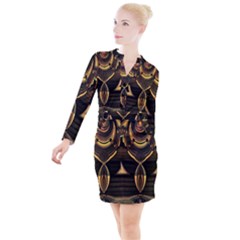 Black And Gold Abstract Line Art Pattern Button Long Sleeve Dress by CrypticFragmentsDesign