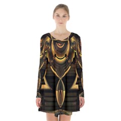 Black And Gold Abstract Line Art Pattern Long Sleeve Velvet V-neck Dress by CrypticFragmentsDesign