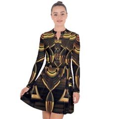 Black And Gold Abstract Line Art Pattern Long Sleeve Panel Dress by CrypticFragmentsDesign