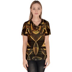 Black And Gold Abstract Line Art Pattern Women s V-neck Scrub Top by CrypticFragmentsDesign