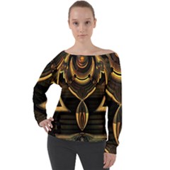 Black And Gold Abstract Line Art Pattern Off Shoulder Long Sleeve Velour Top by CrypticFragmentsDesign