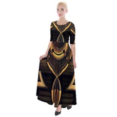 Black And Gold Abstract Line Art Pattern Half Sleeves Maxi Dress by CrypticFragmentsDesign