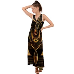 Black And Gold Abstract Line Art Pattern V-neck Chiffon Maxi Dress by CrypticFragmentsDesign