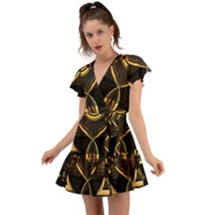 Black And Gold Abstract Line Art Pattern Flutter Sleeve Wrap Dress by CrypticFragmentsDesign