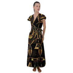 Black And Gold Abstract Line Art Pattern Flutter Sleeve Maxi Dress by CrypticFragmentsDesign