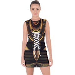 Black And Gold Abstract Line Art Pattern Lace Up Front Bodycon Dress by CrypticFragmentsDesign