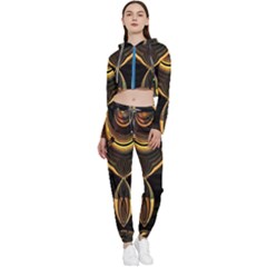 Black And Gold Abstract Line Art Pattern Cropped Zip Up Lounge Set by CrypticFragmentsDesign