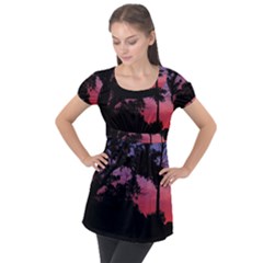 Sunset Landscape High Contrast Photo Puff Sleeve Tunic Top