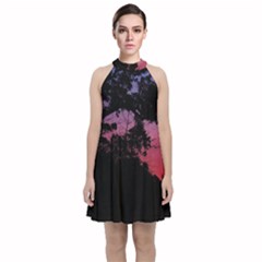 Sunset Landscape High Contrast Photo Velvet Halter Neckline Dress 