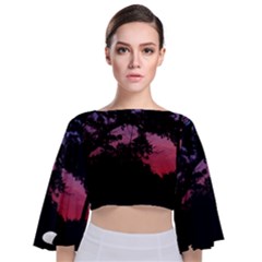 Sunset Landscape High Contrast Photo Tie Back Butterfly Sleeve Chiffon Top