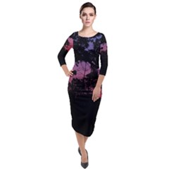 Sunset Landscape High Contrast Photo Quarter Sleeve Midi Velour Bodycon Dress