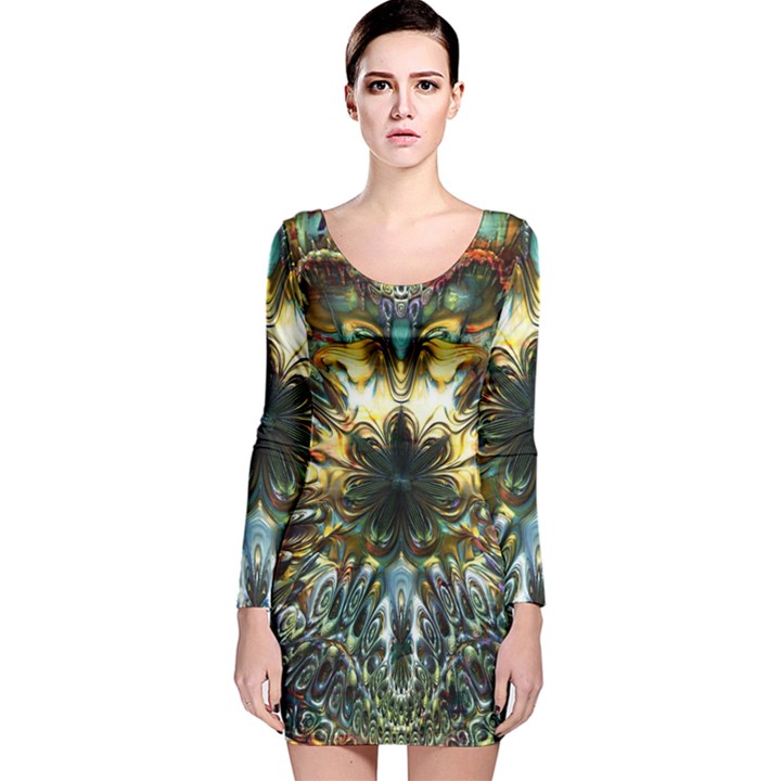 Multicolor Floral Art Copper Patina  Long Sleeve Velvet Bodycon Dress