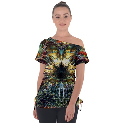 Multicolor Floral Art Copper Patina  Off Shoulder Tie-up Tee by CrypticFragmentsDesign