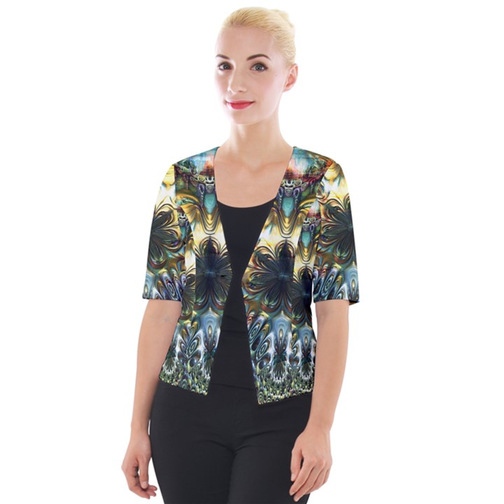 Multicolor Floral Art Copper Patina  Cropped Button Cardigan