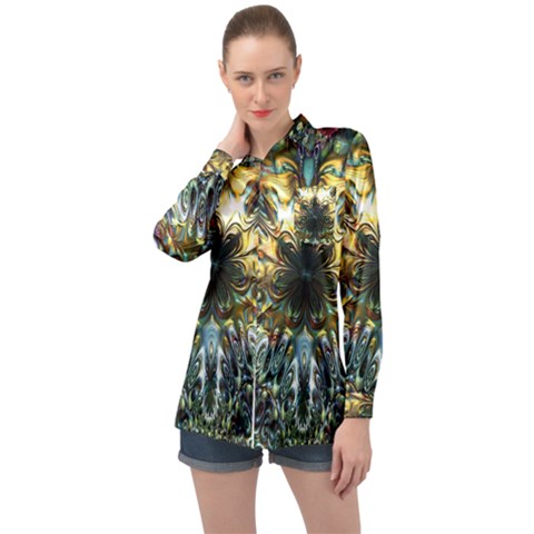 Multicolor Floral Art Copper Patina  Long Sleeve Satin Shirt by CrypticFragmentsDesign