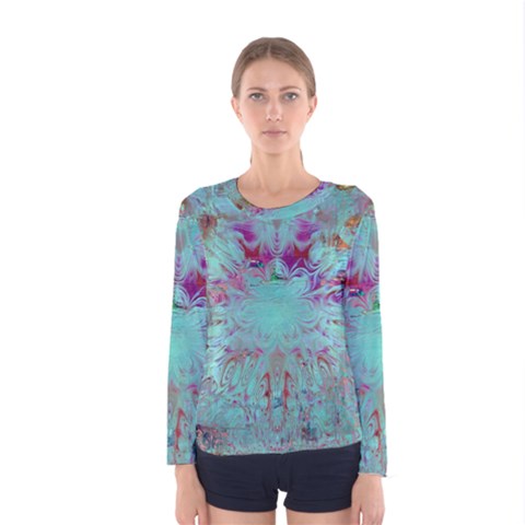 Retro Hippie Abstract Floral Blue Violet Women s Long Sleeve Tee by CrypticFragmentsDesign