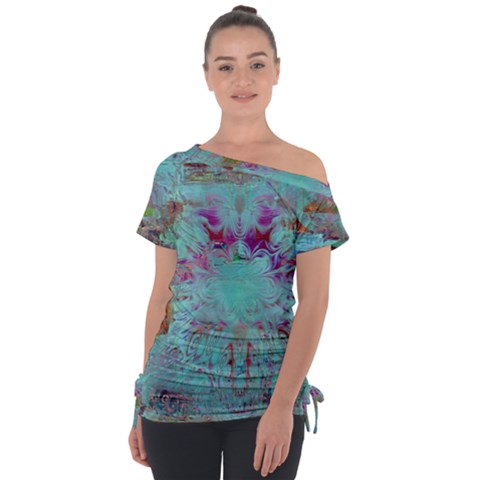 Retro Hippie Abstract Floral Blue Violet Off Shoulder Tie-up Tee by CrypticFragmentsDesign