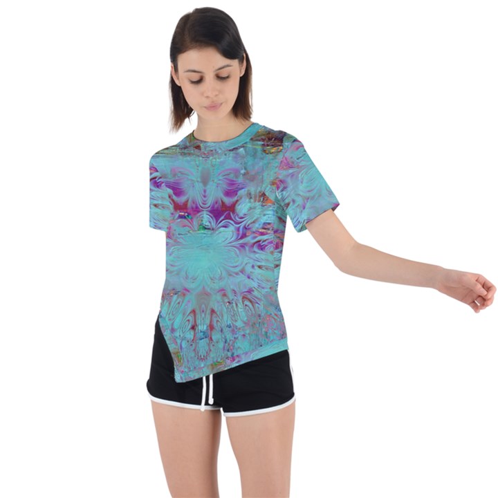 Retro Hippie Abstract Floral Blue Violet Asymmetrical Short Sleeve Sports Tee