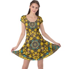 Mandala Faux Artificial Leather Among Spring Flowers Cap Sleeve Dress by pepitasart