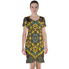 Mandala Faux Artificial Leather Among Spring Flowers Short Sleeve Nightdress by pepitasart