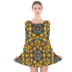 Mandala Faux Artificial Leather Among Spring Flowers Long Sleeve Velvet Skater Dress by pepitasart