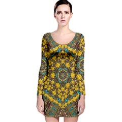 Mandala Faux Artificial Leather Among Spring Flowers Long Sleeve Velvet Bodycon Dress by pepitasart