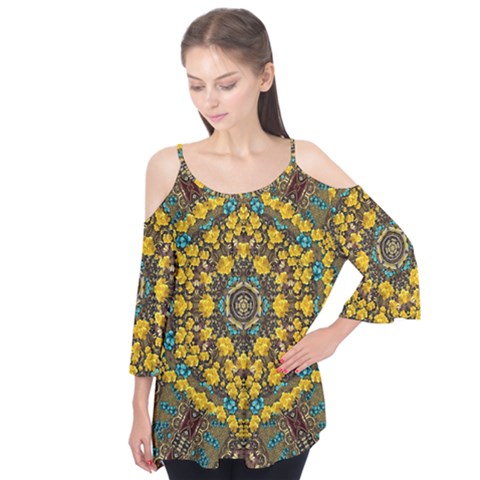 Mandala Faux Artificial Leather Among Spring Flowers Flutter Tees by pepitasart