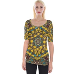 Mandala Faux Artificial Leather Among Spring Flowers Wide Neckline Tee