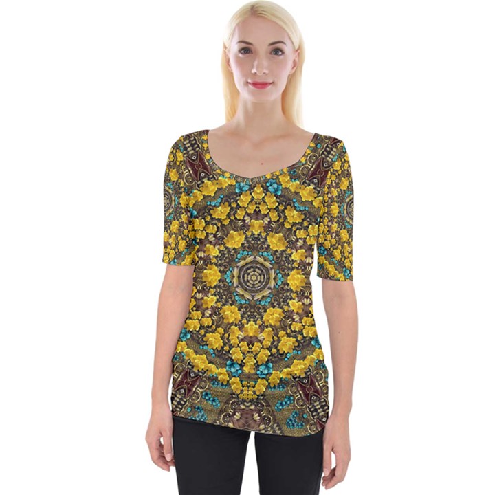 Mandala Faux Artificial Leather Among Spring Flowers Wide Neckline Tee