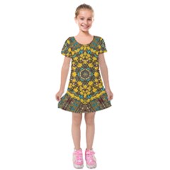 Mandala Faux Artificial Leather Among Spring Flowers Kids  Short Sleeve Velvet Dress by pepitasart