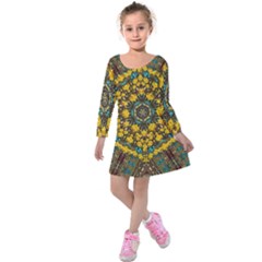 Mandala Faux Artificial Leather Among Spring Flowers Kids  Long Sleeve Velvet Dress by pepitasart