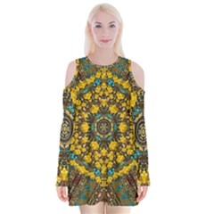 Mandala Faux Artificial Leather Among Spring Flowers Velvet Long Sleeve Shoulder Cutout Dress by pepitasart