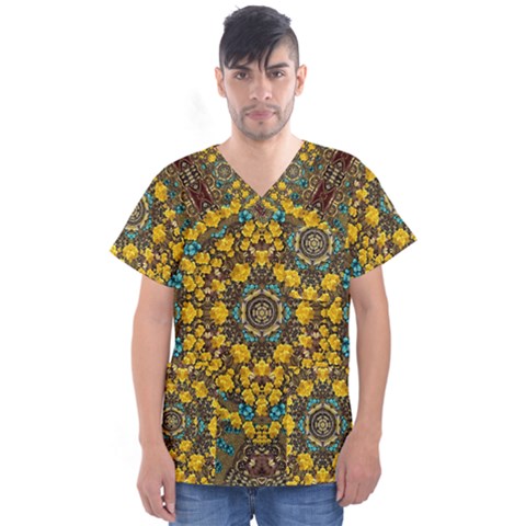 Mandala Faux Artificial Leather Among Spring Flowers Men s V-neck Scrub Top by pepitasart