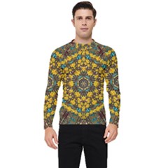 Mandala Faux Artificial Leather Among Spring Flowers Men s Long Sleeve Rash Guard