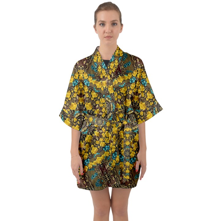 Mandala Faux Artificial Leather Among Spring Flowers Half Sleeve Satin Kimono 