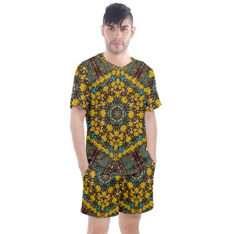 Mandala Faux Artificial Leather Among Spring Flowers Men s Mesh Tee And Shorts Set by pepitasart