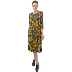 Mandala Faux Artificial Leather Among Spring Flowers Ruffle End Midi Chiffon Dress by pepitasart