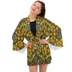 Mandala Faux Artificial Leather Among Spring Flowers Long Sleeve Kimono by pepitasart