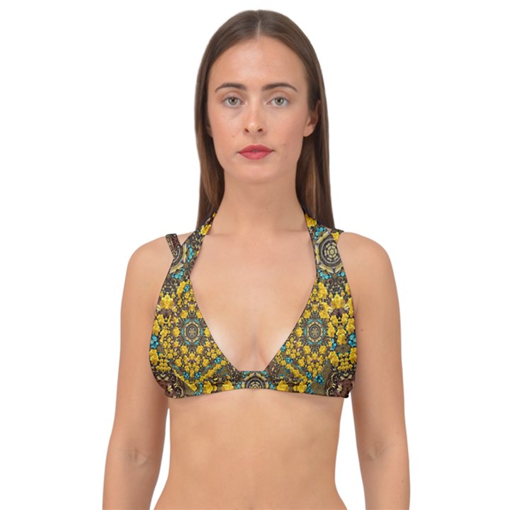 Mandala Faux Artificial Leather Among Spring Flowers Double Strap Halter Bikini Top