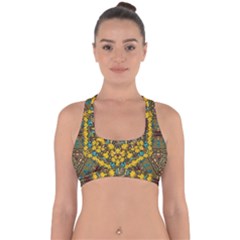 Mandala Faux Artificial Leather Among Spring Flowers Cross Back Hipster Bikini Top  by pepitasart