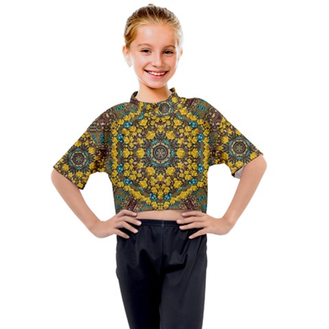 Mandala Faux Artificial Leather Among Spring Flowers Kids Mock Neck Tee by pepitasart