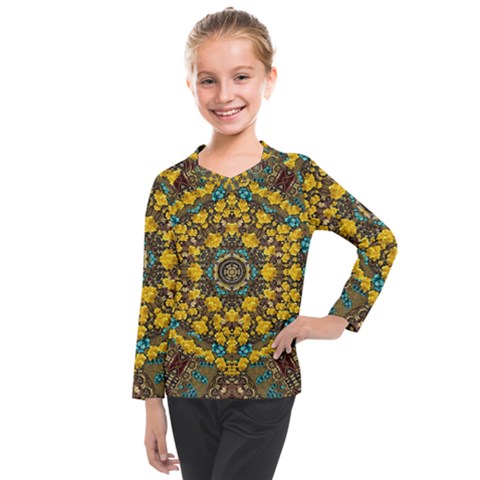 Mandala Faux Artificial Leather Among Spring Flowers Kids  Long Mesh Tee by pepitasart