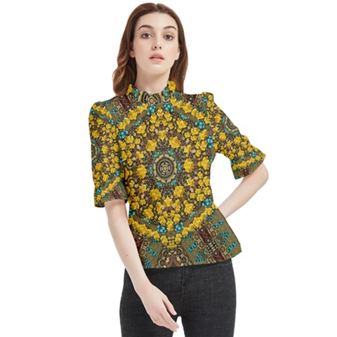 Mandala Faux Artificial Leather Among Spring Flowers Frill Neck Blouse by pepitasart