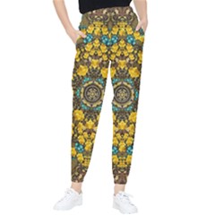 Mandala Faux Artificial Leather Among Spring Flowers Tapered Pants by pepitasart