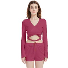 Amaranth Purple Velvet Wrap Crop Top And Shorts Set by FashionLane