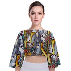 The Illustrated Alphabet - N - By Larenard Tie Back Butterfly Sleeve Chiffon Top by LaRenard