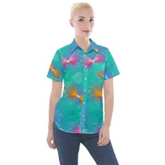 Non Seamless Pattern Blues Bright Women s Short Sleeve Pocket Shirt