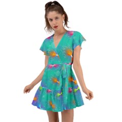 Non Seamless Pattern Blues Bright Flutter Sleeve Wrap Dress