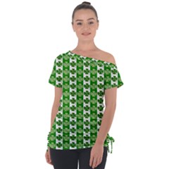 Clover Leaf Shamrock St Patricks Day Off Shoulder Tie-up Tee