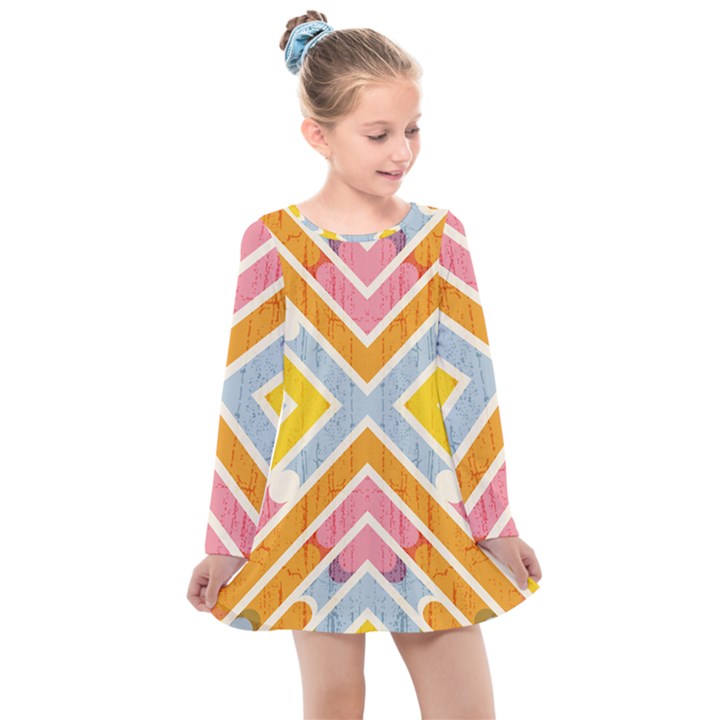 Line Pattern Cross Print Repeat Kids  Long Sleeve Dress